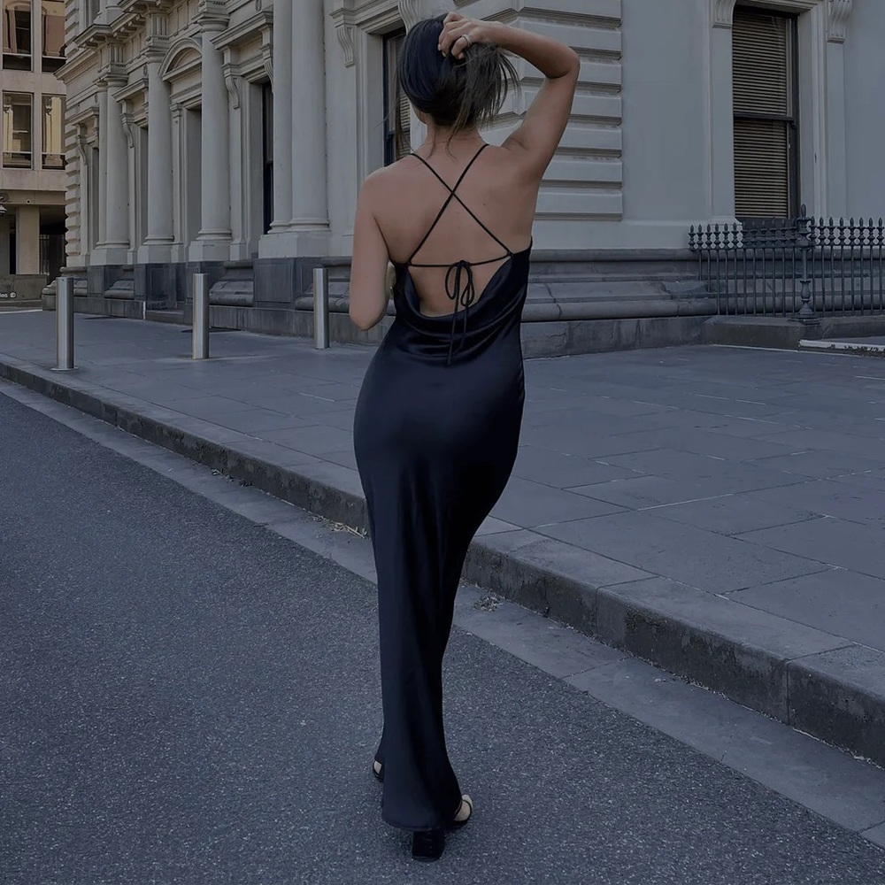 Cecilia Black Satin Tie Cowl Back Maxi Dress